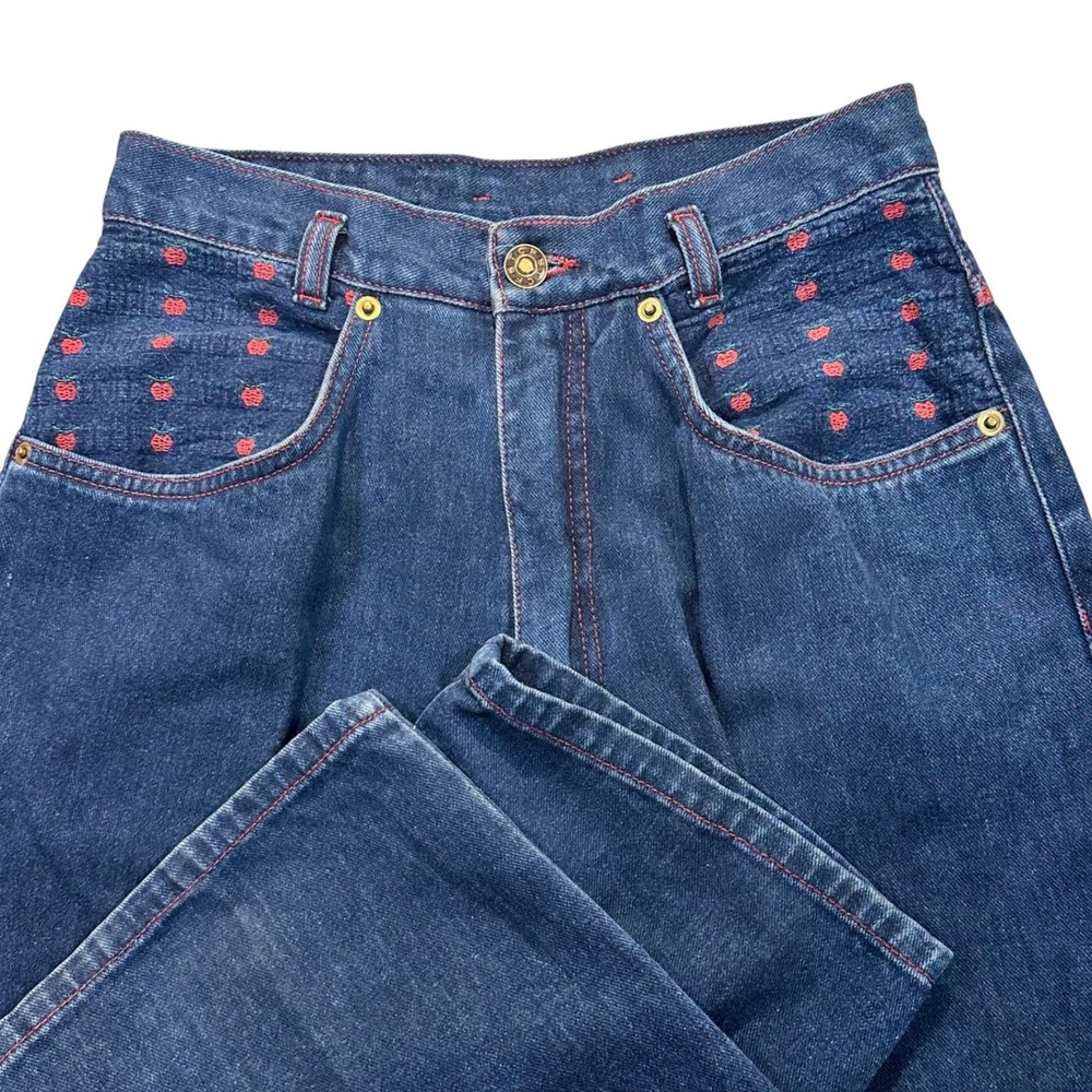 T.C.F.S. Embroidered Jeans Womens 5 Blue Apple Pattern High Waist‎ Cottagecore